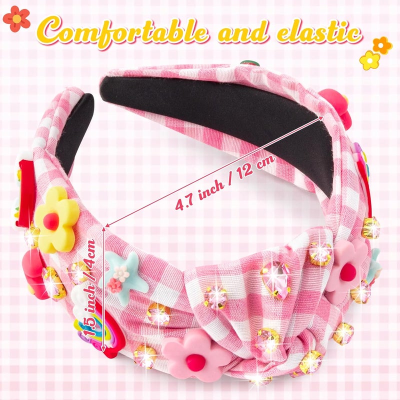 PANTIDE Floral Jeweled Knotted Headband - Rainbow Rhinestone Crystal Embellished Headband Non Slip Wide Top Knot Fashion Hairband Accessories Spring Summer Birthday Gift for Women Girls (Pink Plaid) - Image 2
